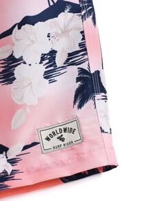 Manfinity Hombres Shorts de natación con estampado de árbol de coco de cintura con cordón - Rosa - Ver 5
