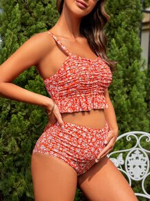 SHEIN Summer Beach Maternity Ditsy Floral Ruffle Hem Bikini Set - Red and White - View 3