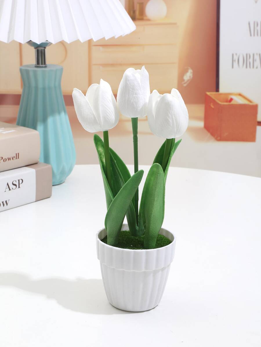 1 chậu hoa nhân tạo bằng nhựa, vật trang trí trong chậu giả để trang trí bàn - trắng - Xem 1