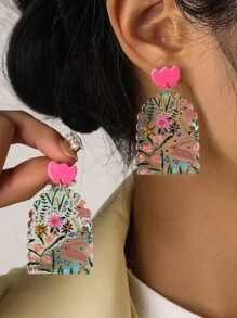 花卉圖案幾何耳墜 - 玫紅色 - 查看 1