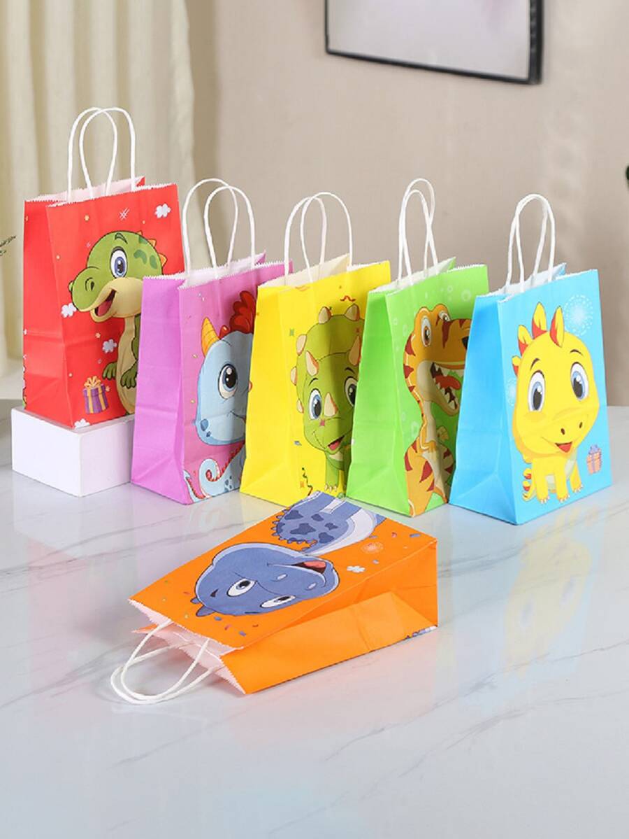 6入組/套紙質禮品包裝袋卡通可愛恐龍圖案派對禮品袋 - 彩色 - 查看 1