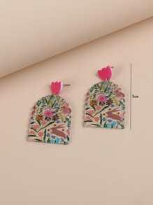 花卉圖案幾何耳墜 - 玫紅色 - 查看 3
