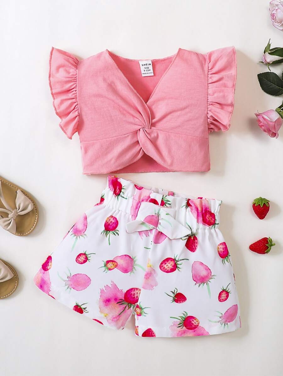 SHEIN 嬰兒前扭結荷葉邊上衣和草莓圖案短褲 - 彩色 - 查看 1
