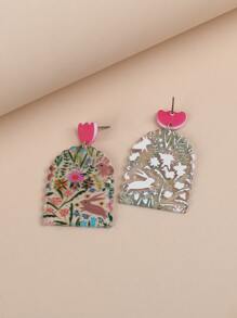 花卉圖案幾何耳墜 - 玫紅色 - 查看 4