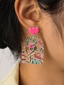 花卉圖案幾何耳墜 - 玫紅色 - 查看 5
