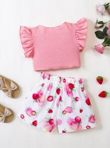 SHEIN 嬰兒前扭結荷葉邊上衣和草莓圖案短褲 - 彩色 - 查看 2