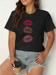 SHEIN LUNE Plus Leopard Lip Print Tee - Black - View 1
