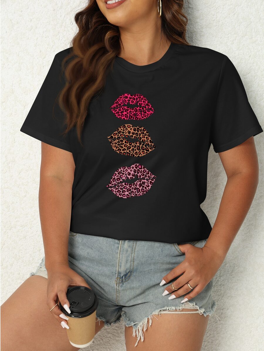 SHEIN LUNE Plus Leopard Lip Print Tee - Black - View 1