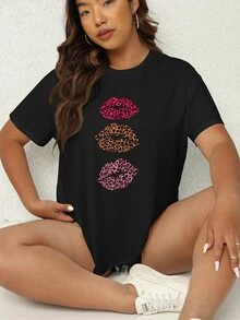 SHEIN LUNE Plus Leopard Lip Print Tee - Black - View 3