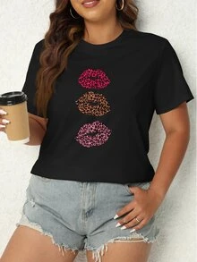 SHEIN LUNE Plus Leopard Lip Print Tee - Black - View 5