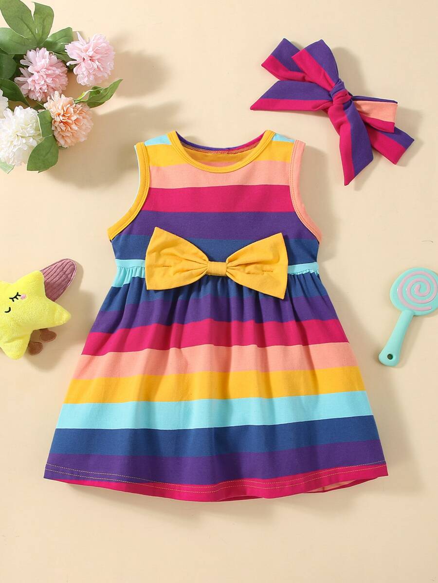 Baby Rainbow Striped Bow Front Dress With Headband - Multicolor - View 1