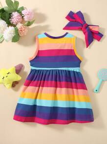 Baby Rainbow Striped Bow Front Dress With Headband - Multicolor - View 2