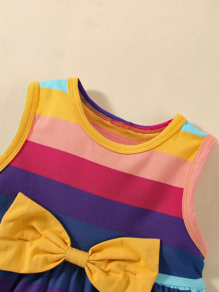 Baby Rainbow Striped Bow Front Dress With Headband - Multicolor - View 4