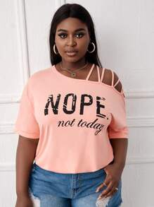 Maweii Plus Slogan Graphic Asymmetrical Neck Tee - Coral Pink - View 1
