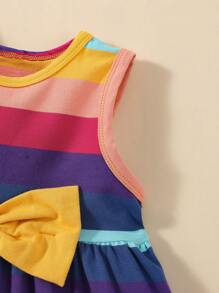 Baby Rainbow Striped Bow Front Dress With Headband - Multicolor - View 5