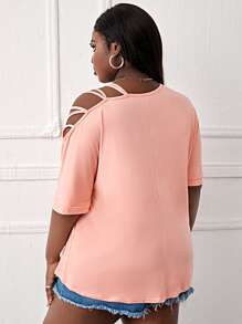 Maweii Plus Slogan Graphic Asymmetrical Neck Tee - Coral Pink - View 2