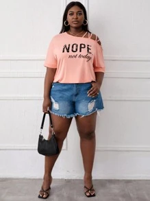 Maweii Plus Slogan Graphic Asymmetrical Neck Tee - Coral Pink - View 3