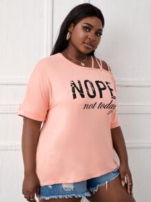 Maweii Plus Slogan Graphic Asymmetrical Neck Tee - Coral Pink - View 4