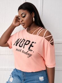 Maweii Plus Slogan Graphic Asymmetrical Neck Tee - Coral Pink - View 5