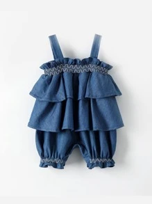 Baby Girl Summer Romper Suit For Newborn Baby Girls, Denim Jumpsuit Outfit - Blue - View 2