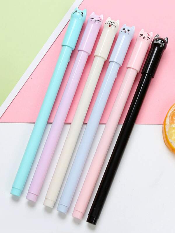 6支卡通貓設計中性筆，創意動物設計塑料中性筆書寫用
