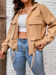 Calvaya Jacke mit Klappe Detail, Schnürzug am Saum, Kapuze - Khaki - Übersicht 8