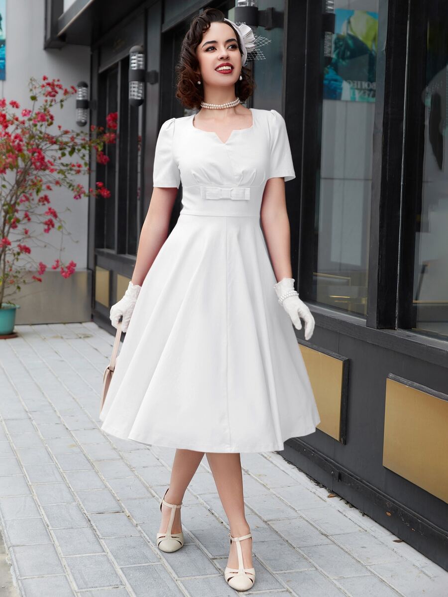 MUXXN Vestido escote corazón de manga farol - Blanco - Ver 1