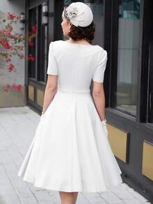 MUXXN Vestido escote corazón de manga farol - Blanco - Ver 2