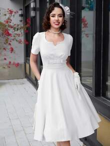 MUXXN Vestido escote corazón de manga farol - Blanco - Ver 3