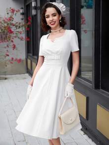 MUXXN Vestido escote corazón de manga farol - Blanco - Ver 4