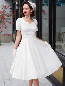 MUXXN Vestido escote corazón de manga farol - Blanco - Ver 5