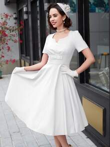 MUXXN Vestido escote corazón de manga farol - Blanco - Ver 6