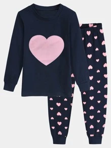 Chicas Conjunto de pijama con estampado de corazón ajustado - Azul Marino - Ver 1