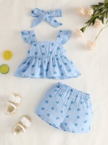 SHEIN Vintaside Kids 女寶寶心形印花荷葉邊妞妞衫和短褲 - 藍色 - 查看 7