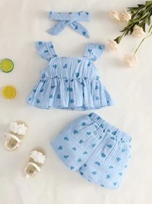 SHEIN Vintaside Kids 女寶寶心形印花荷葉邊妞妞衫和短褲 - 藍色 - 查看 2