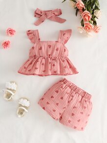 Baby Girl Heart Print Ruffle Trim Peplum Top & Shorts - Pink - View 1