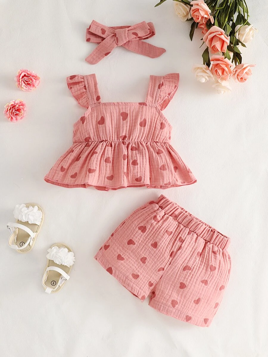 Baby Girl Heart Print Ruffle Trim Peplum Top & Shorts - Pink - View 1