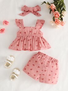 Baby Girl Heart Print Ruffle Trim Peplum Top & Shorts - Pink - View 2