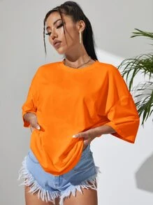 INAWLY Solid Drop Shoulder Oversized Tee