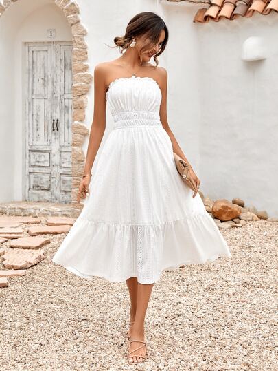 Eyelet Embroidery Ruched Bust Ruffle Hem Tube Dress
