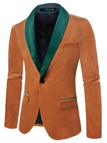 Hombres Blazer de cuello en contraste de terciopelo - Mostaza Amarilla - Ver 1