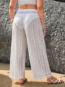 SHEIN VCAY Plus Solid Lace Wide Leg Trousers - White - View 2