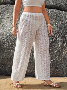 SHEIN VCAY Plus Solid Lace Wide Leg Trousers - White - View 4