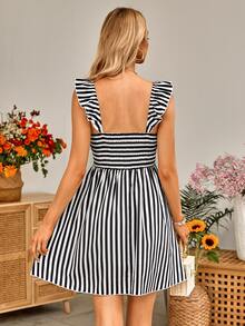 Striped Ruched Bust Ruffle Hem Dress - Black - View 2