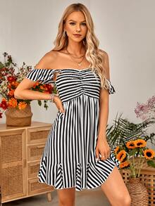 Striped Ruched Bust Ruffle Hem Dress - Black - View 4