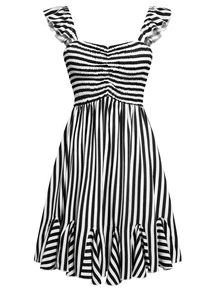 Striped Ruched Bust Ruffle Hem Dress - Black - View 5