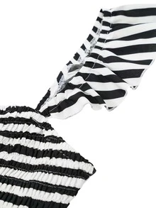 Striped Ruched Bust Ruffle Hem Dress - Black - View 7