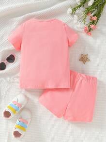 SHEIN 小女童字母補丁細節T恤和短褲 - 粉色 - 查看 2