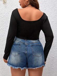 SHEIN Privé 大碼素色不對稱下擺短款T恤 - 黑色 - 查看 2