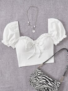 Comfortcana Summer Going Out Sweetheart Neck Frill Trim Knot Front Puff Sleeve Crop White Top - White - View 7